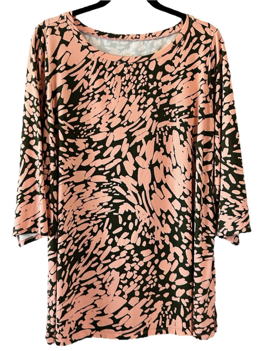 Belle Kim Gravel TripleLuxe 3/4-Sleeve Boatneck Top - Cantaloupe/Green, EUC, 1X